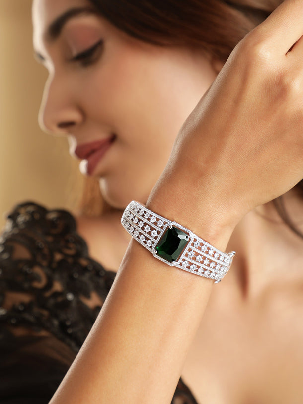 Rhodium plated Emerald Zirconia Studded Statement Bracelet Bangles & Bracelets