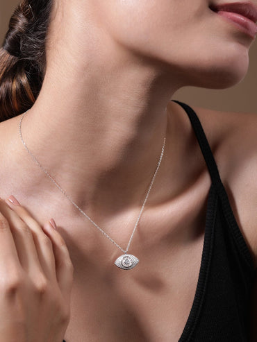Rhodium-Plated Evil Eye Pendant Necklace with PavÃ© Cubic Zirconia Studded Necklace & Chains