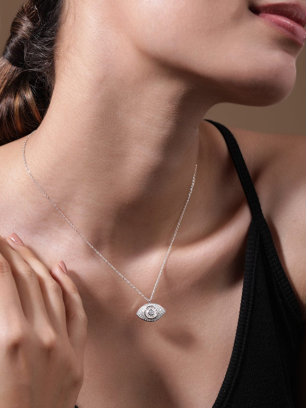 Rhodium-Plated Evil Eye Pendant Necklace with PavÃ© Cubic Zirconia Studded Necklace & Chains