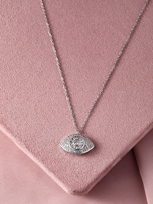 Rhodium-Plated Evil Eye Pendant Necklace with PavÃ© Cubic Zirconia Studded Necklace & Chains