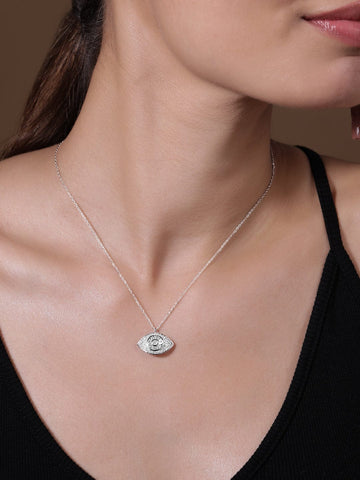 Rhodium-Plated Evil Eye Pendant Necklace with PavÃ© Cubic Zirconia Studded Necklace & Chains