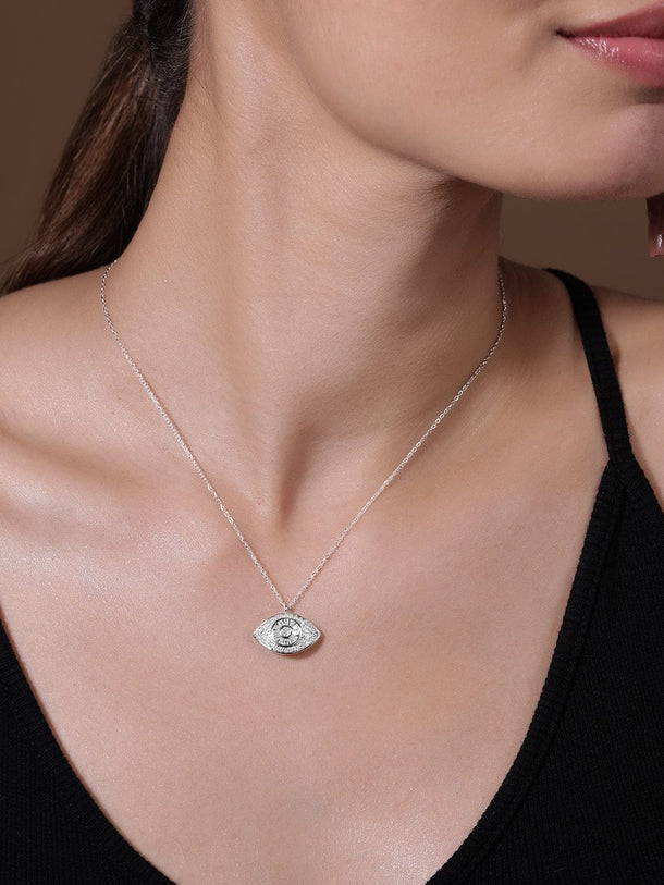 Rhodium-Plated Evil Eye Pendant Necklace with PavÃ© Cubic Zirconia Studded Necklace & Chains