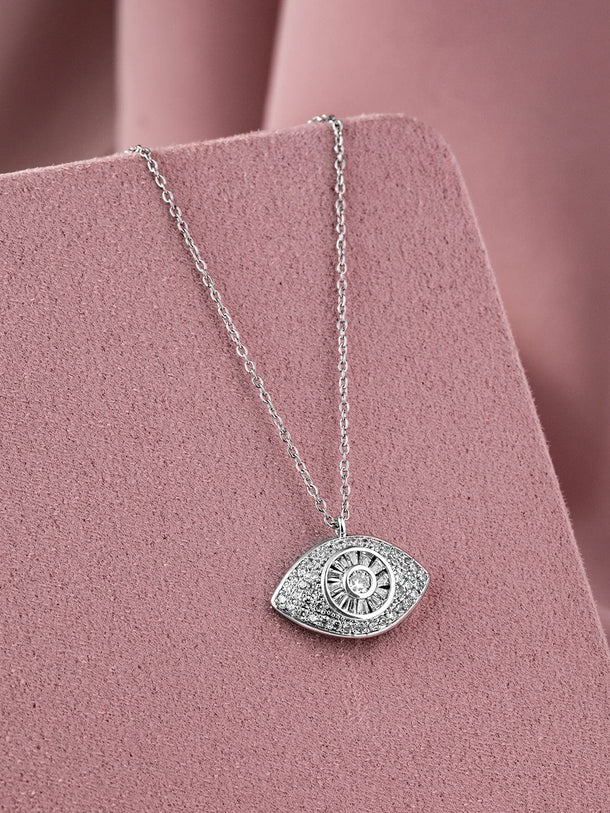 Rhodium-Plated Evil Eye Pendant Necklace with PavÃ© Cubic Zirconia Studded Necklace and Chains