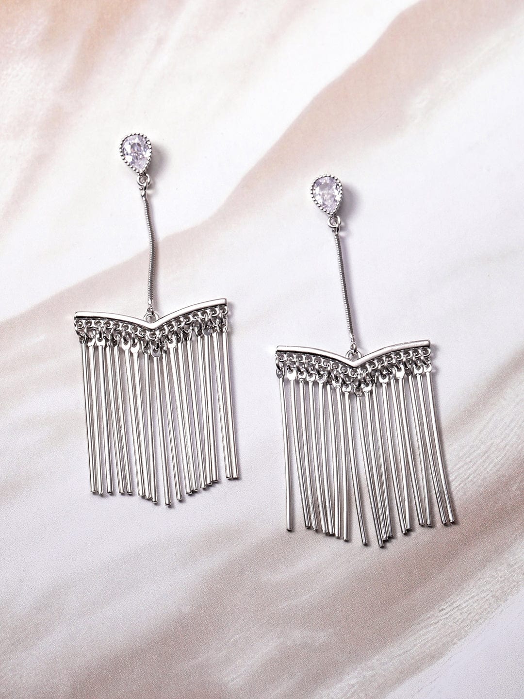 Rhodium Plated Fringe Drop Earrings with Teardrop Crystal Studs Drop Earrings