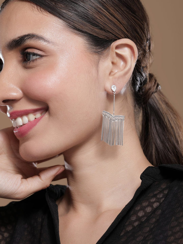 Rhodium Plated Fringe Drop Earrings with Teardrop Crystal Studs Drop Earrings