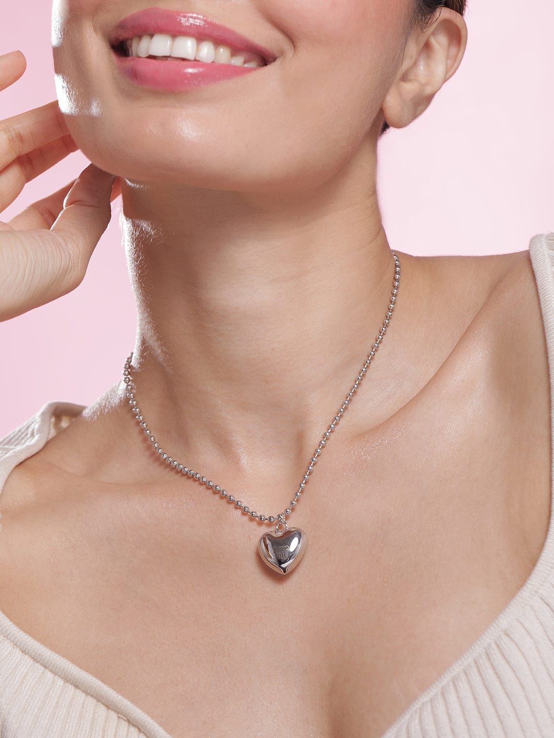 Rhodium Plated Heart Shape Pendant Necklace Necklace