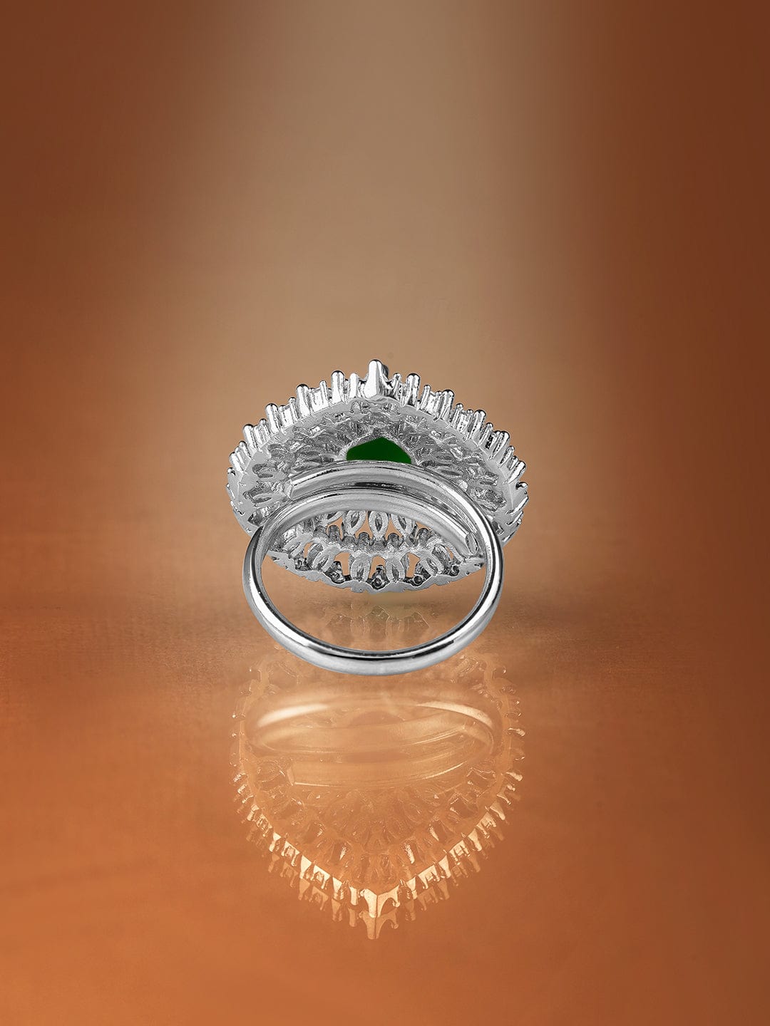 Rhodium Plated High Quality AD  Emerald Stone Studded Finger Ring Ring