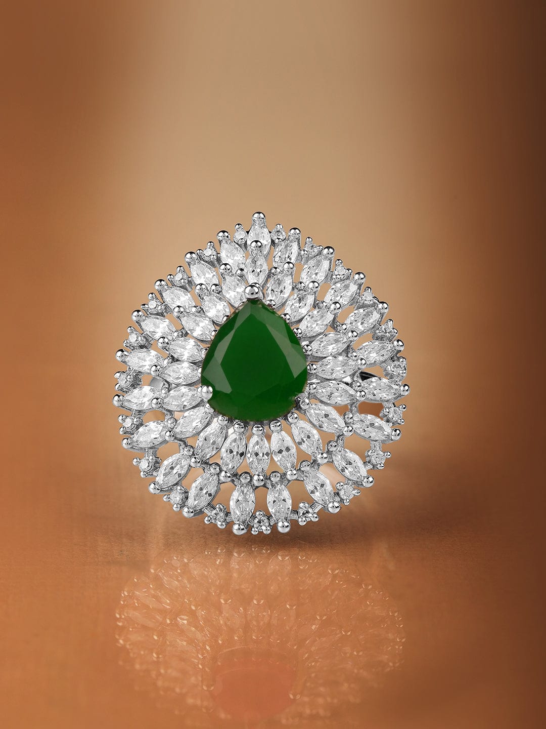 Rhodium Plated High Quality AD  Emerald Stone Studded Finger Ring Ring