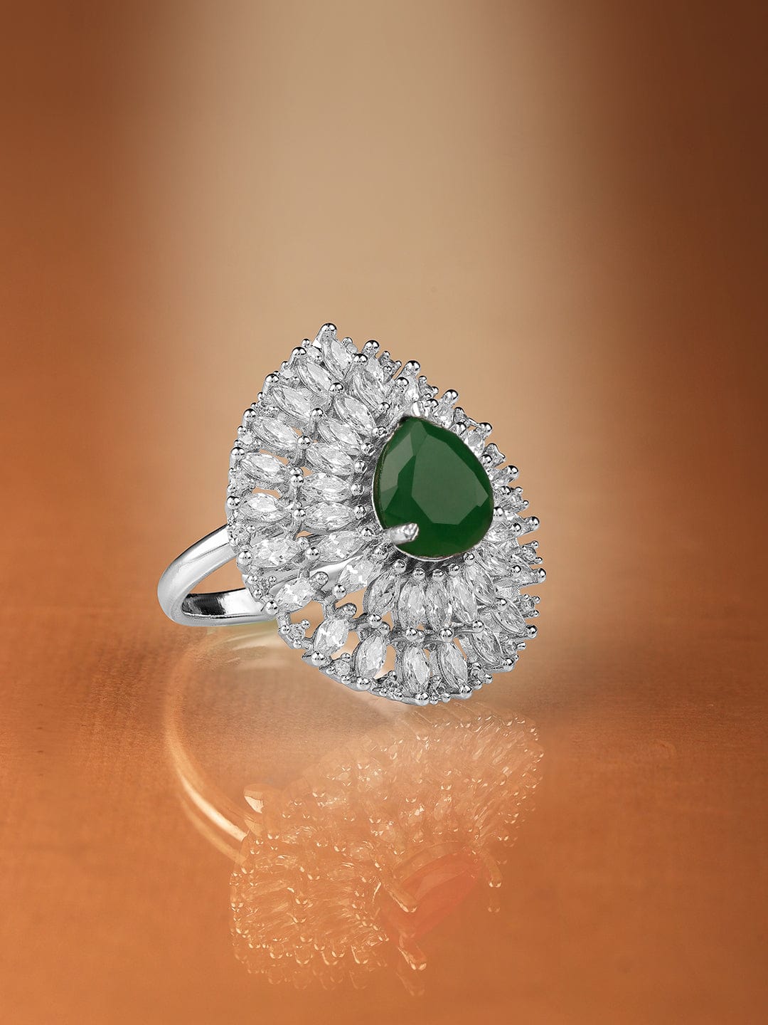 Rhodium Plated High Quality AD  Emerald Stone Studded Finger Ring Ring