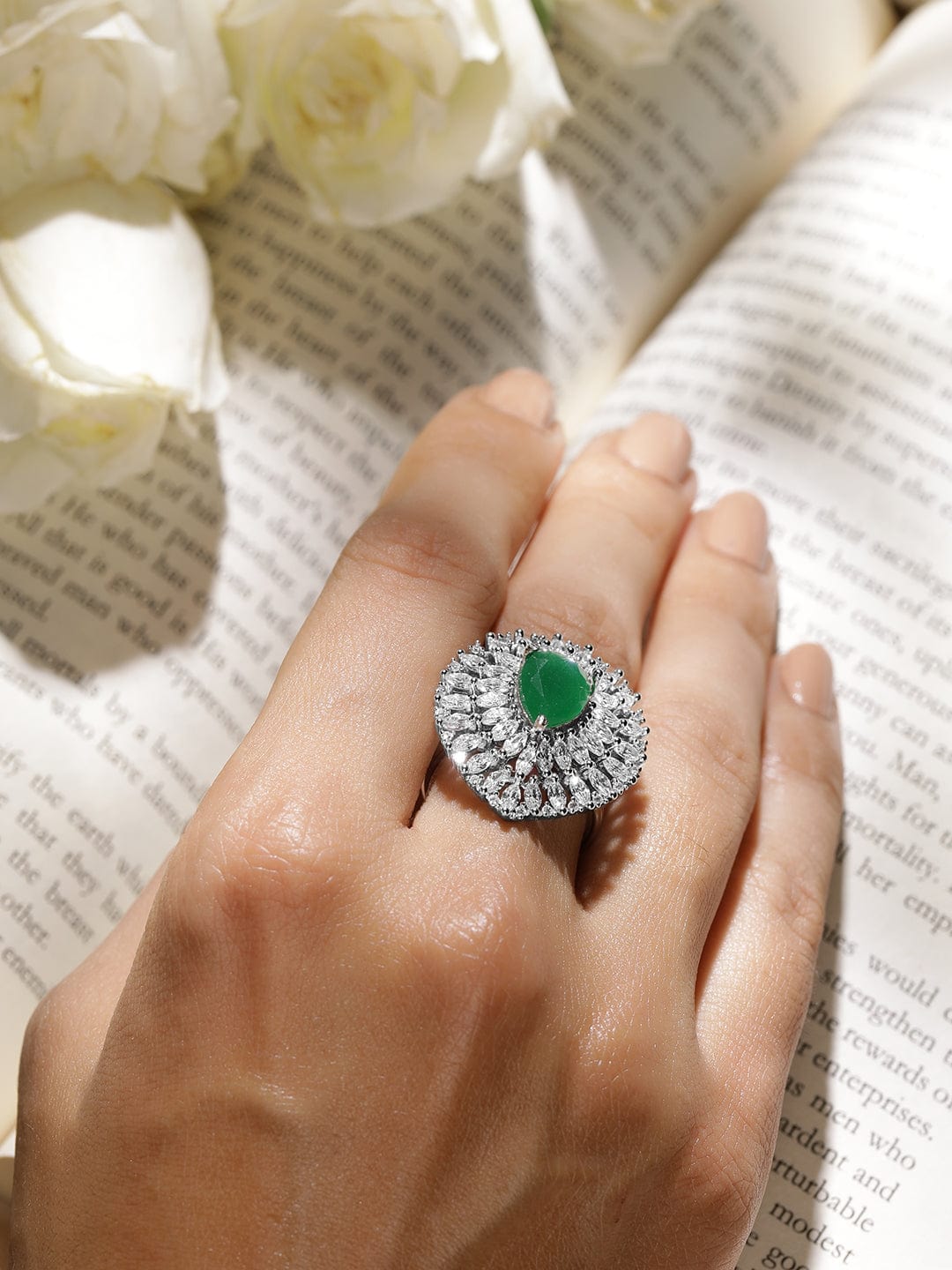 Rhodium Plated High Quality AD  Emerald Stone Studded Finger Ring Ring