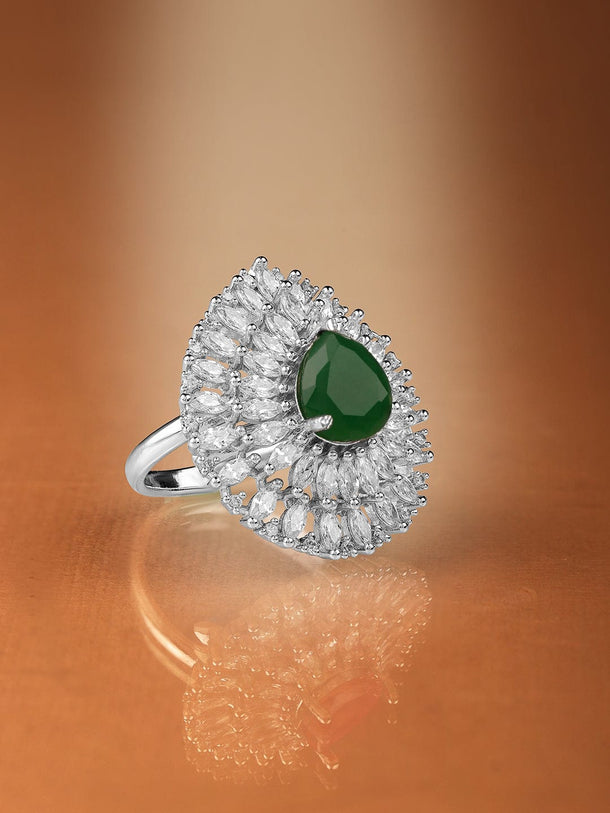 Rhodium Plated High Quality AD  Emerald Stone Studded Finger Ring Rings