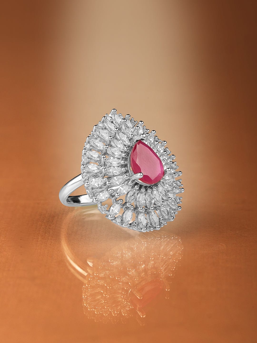 Rhodium Plated High Quality AD  Ruby Stone Studded Finger Ring Ring