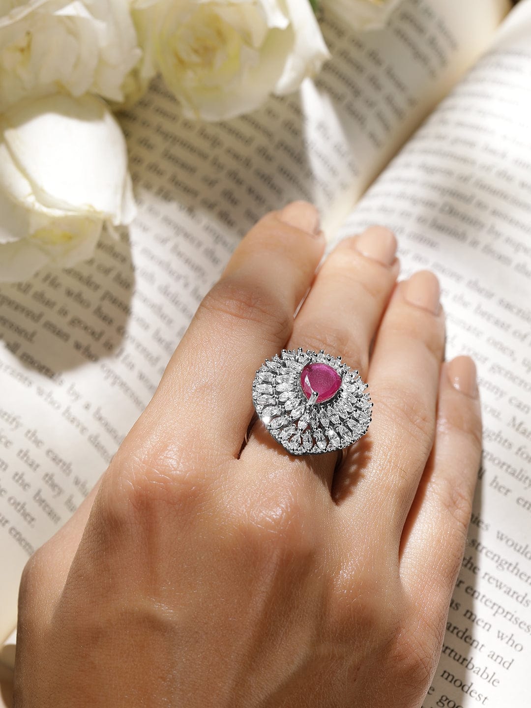 Rhodium Plated High Quality AD  Ruby Stone Studded Finger Ring Ring