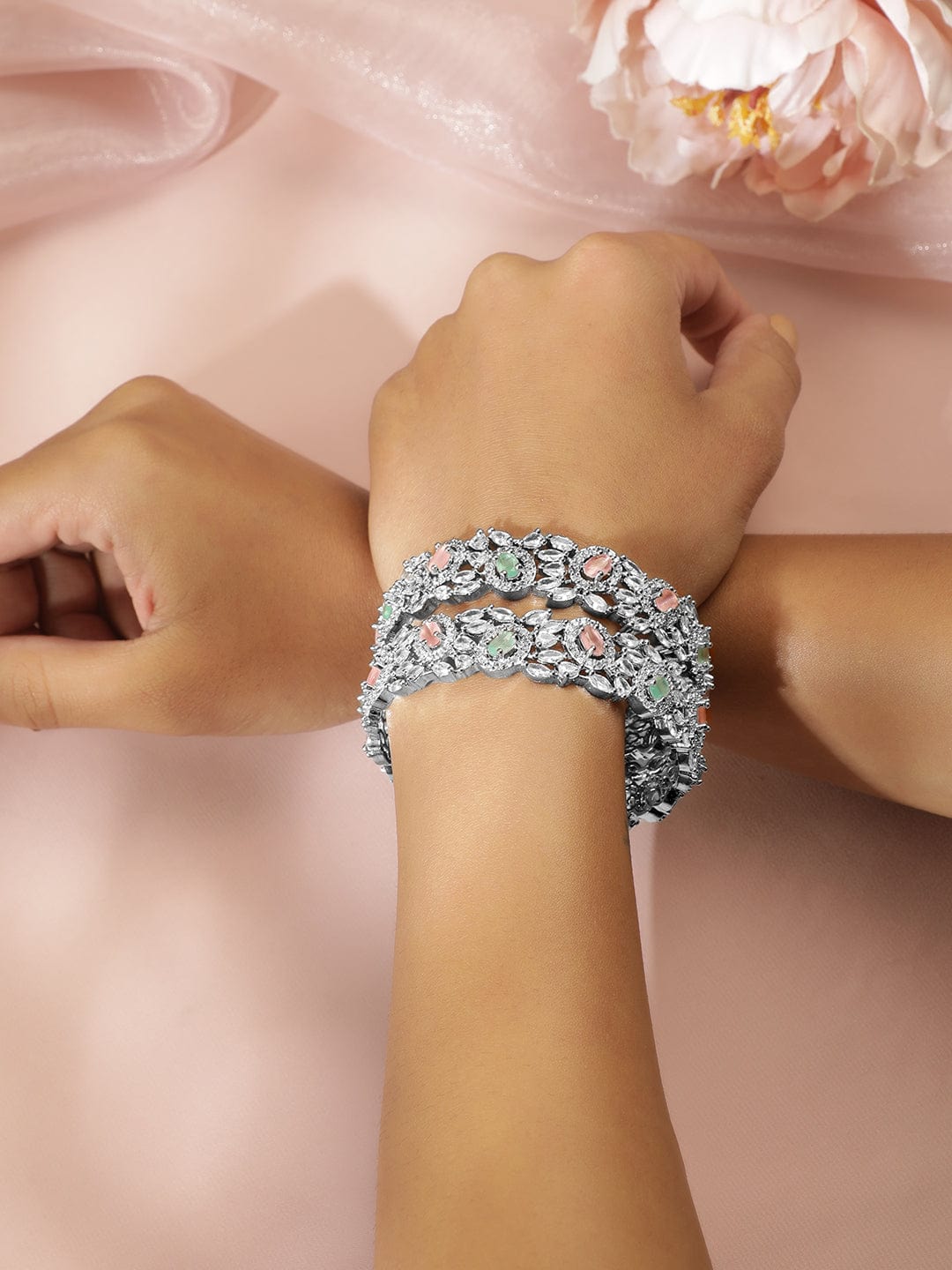 Rhodium Plated High Quality Mint And Pink AD Stone Studded Set Of 2 Bangles Bangles & Bracelets