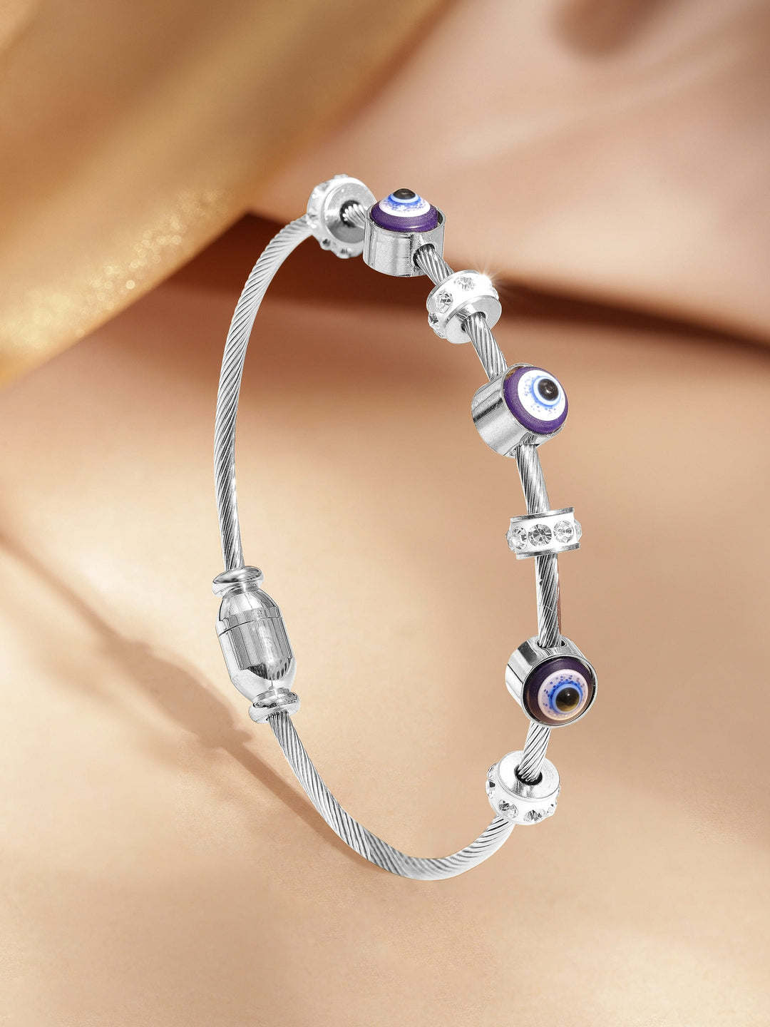 Rhodium-Plated in Silver Tone Stainless Steel Tarnish-Free Waterproof Demi-Fine CZ Studded Evil Eye Charm Bracelet Bracelet