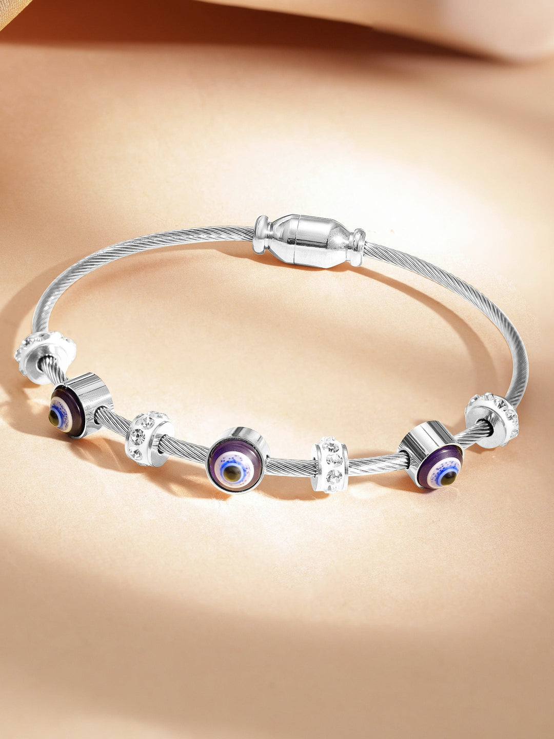 Rhodium-Plated in Silver Tone Stainless Steel Tarnish-Free Waterproof Demi-Fine CZ Studded Evil Eye Charm Bracelet Bracelet