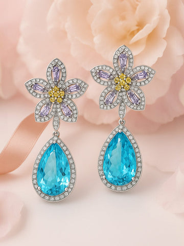 Rhodium-Plated Lavender, Yellow & Aqua Blue AD & Cubic Zirconia Studded Floral Drop Earrings Drop Earrings