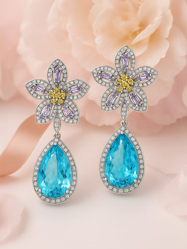 Rhodium-Plated Lavender, Yellow & Aqua Blue AD & Cubic Zirconia Studded Floral Drop Earrings Drop Earrings