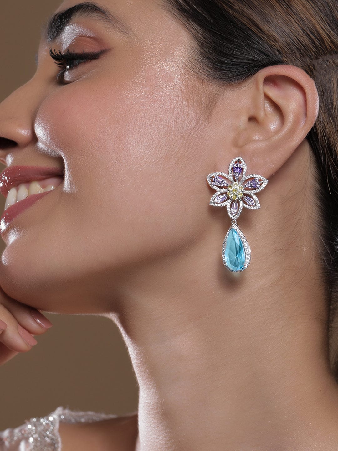 Rhodium-Plated Lavender, Yellow & Aqua Blue AD & Cubic Zirconia Studded Floral Drop Earrings Earrings