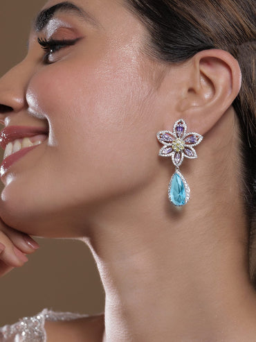 Rhodium-Plated Lavender, Yellow & Aqua Blue AD & Cubic Zirconia Studded Floral Drop Earrings Earrings