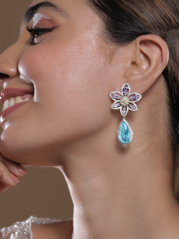 Rhodium-Plated Lavender, Yellow & Aqua Blue AD & Cubic Zirconia Studded Floral Drop Earrings Earrings