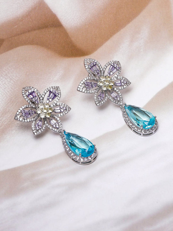 Rhodium-Plated Lavender, Yellow & Aqua Blue AD & Cubic Zirconia Studded Floral Drop Earrings Earrings