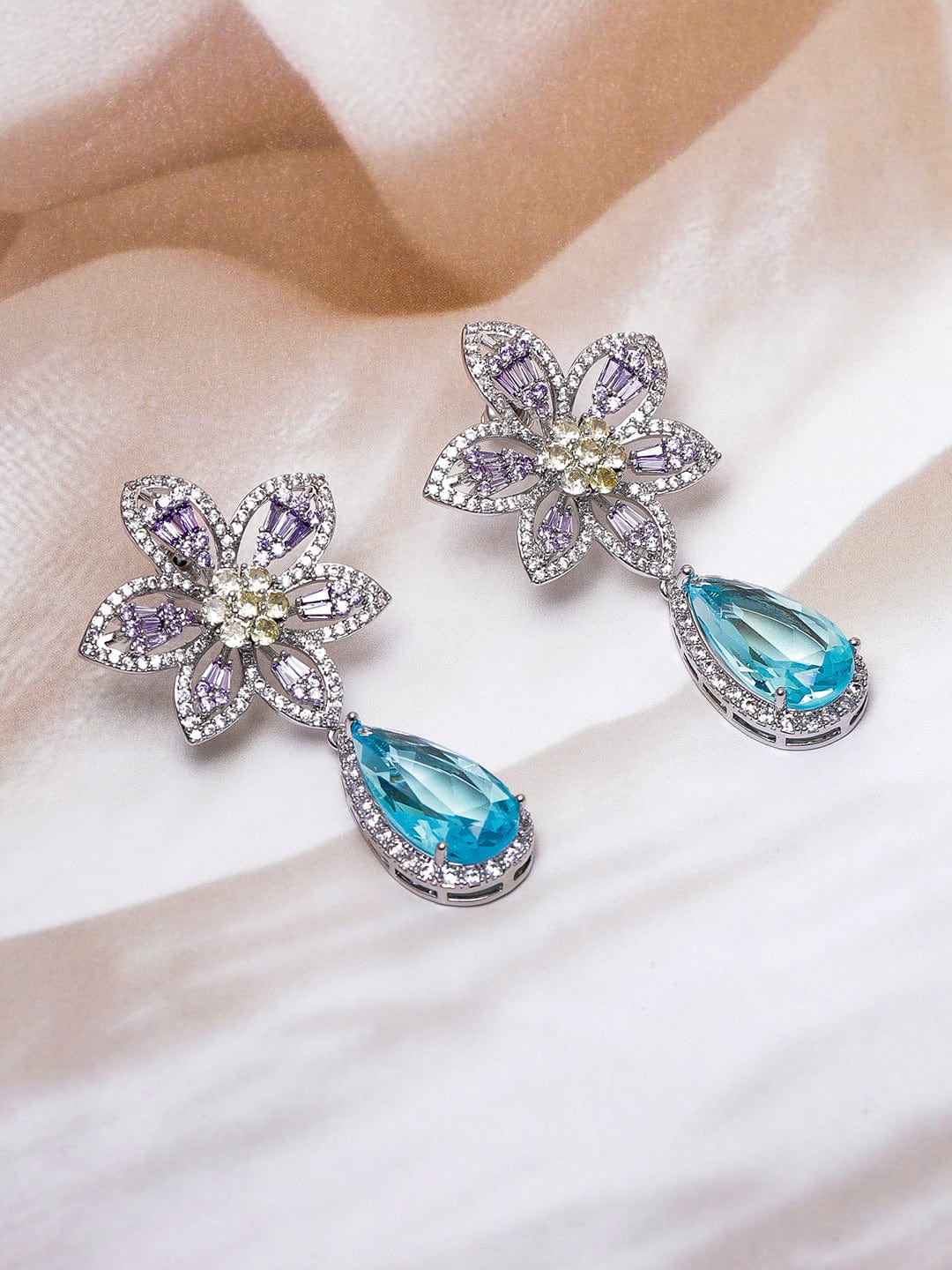 Rhodium-Plated Lavender, Yellow & Aqua Blue AD & CZ Studded Floral Drop Earrings Drop Earrings