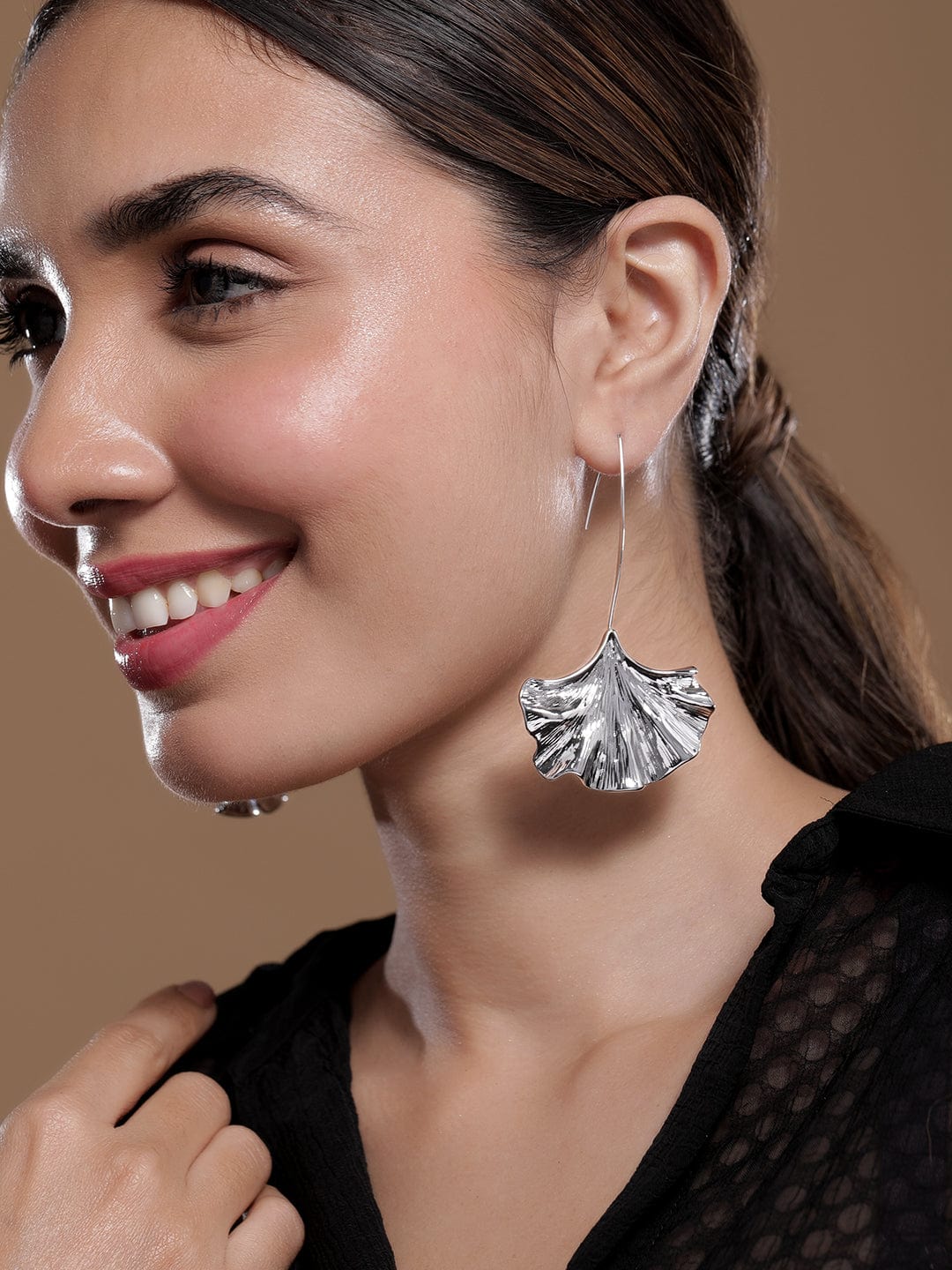 Rhodium Plated Leaf Design Drop Earrings Drop Earrings