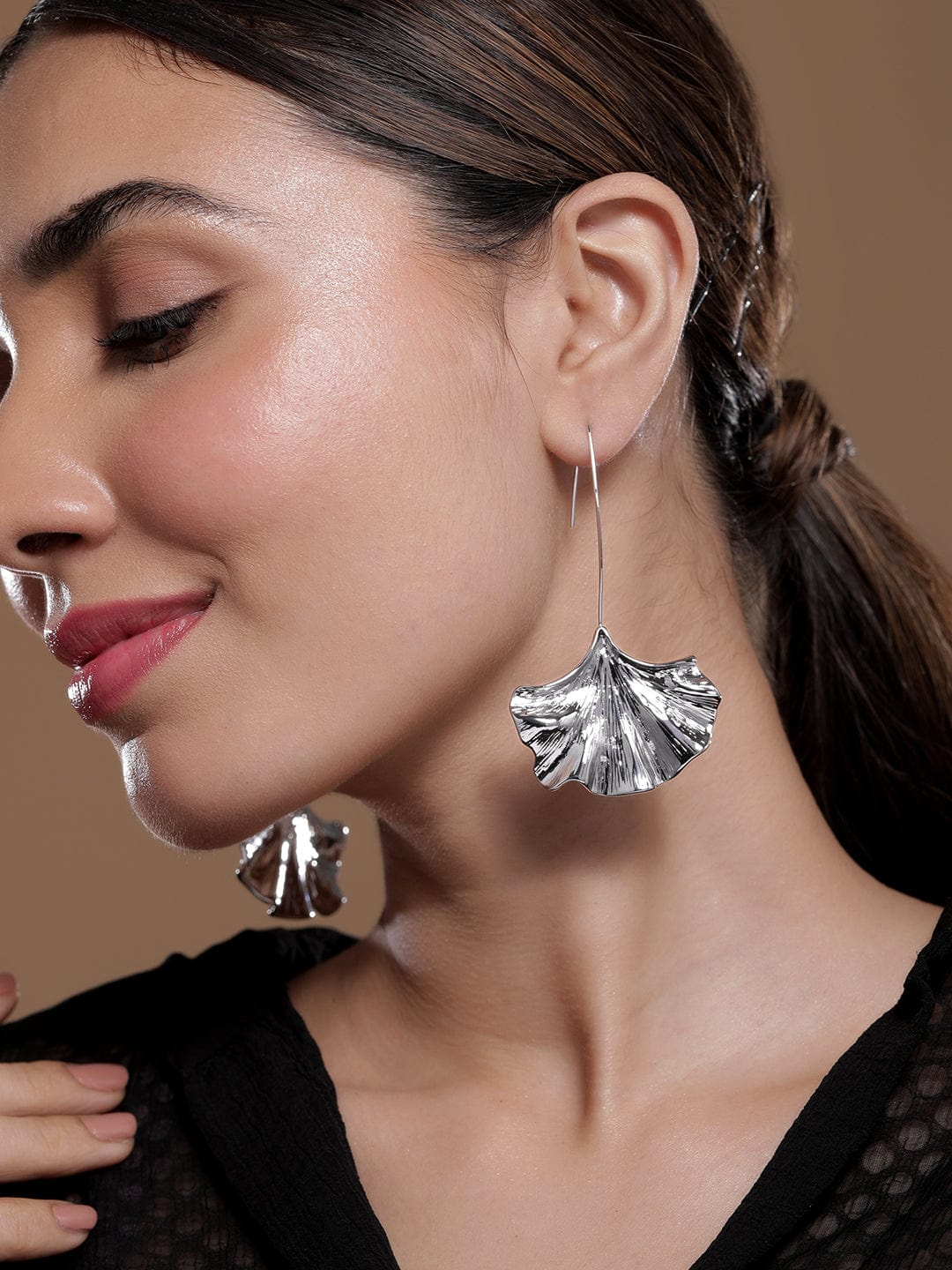 Rhodium Plated Leaf Design Drop Earrings Drop Earrings