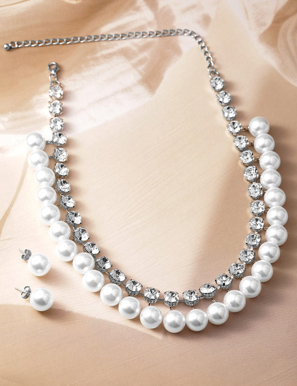 Rhodium Plated Luxurious Pearl & Zirconia Studded Statement Necklace Set Jewellery Set
