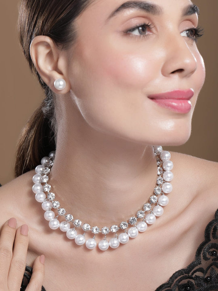 Rhodium Plated Luxurious Pearl & Zirconia Studded Statement Necklace Set Necklace Set