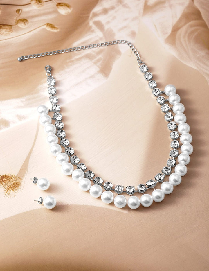 Rhodium Plated Luxurious Pearl & Zirconia Studded Statement Necklace Set Necklace Set