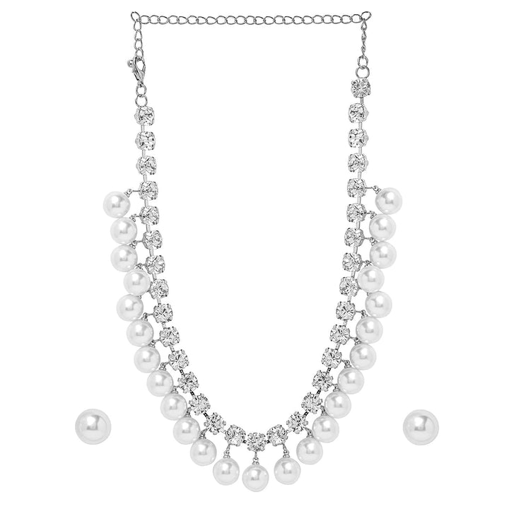 Rhodium Plated Luxurious Pearl & Zirconia Studded Statement Necklace Set Necklace Set