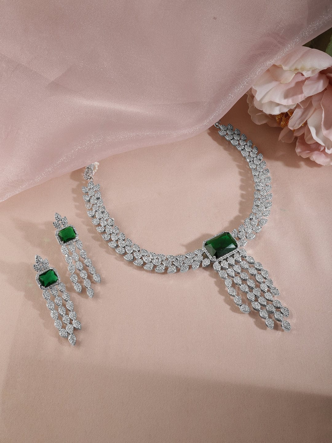 Rhodium Plated Luxury AAA Cubic Zirconia And Emerald Studed  Necklace Set Necklaces, Necklace Sets, Chains & Mangalsutra