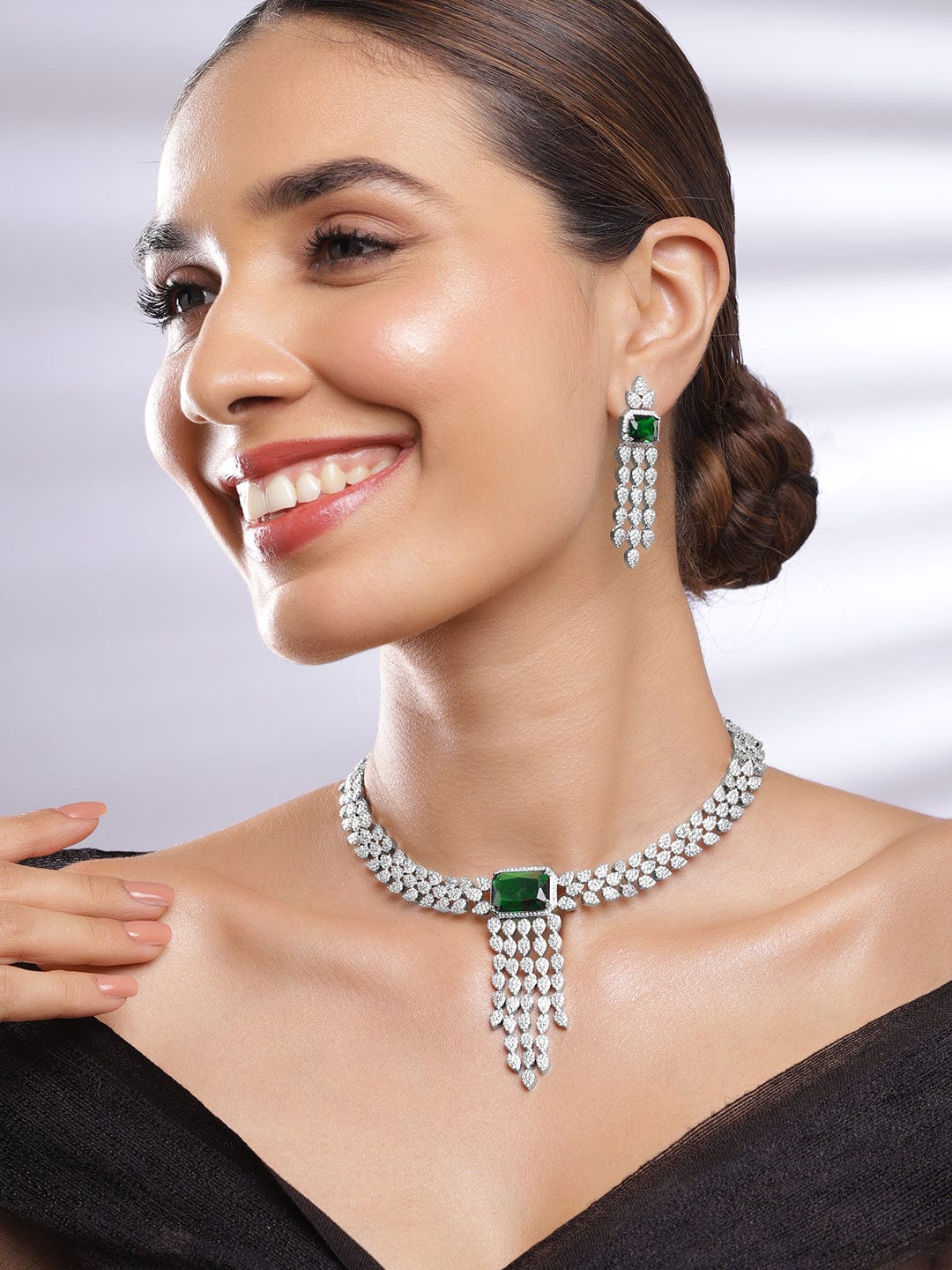 Rhodium Plated Luxury AAA Cubic Zirconia And Emerald Studed  Necklace Set Necklaces, Necklace Sets, Chains & Mangalsutra