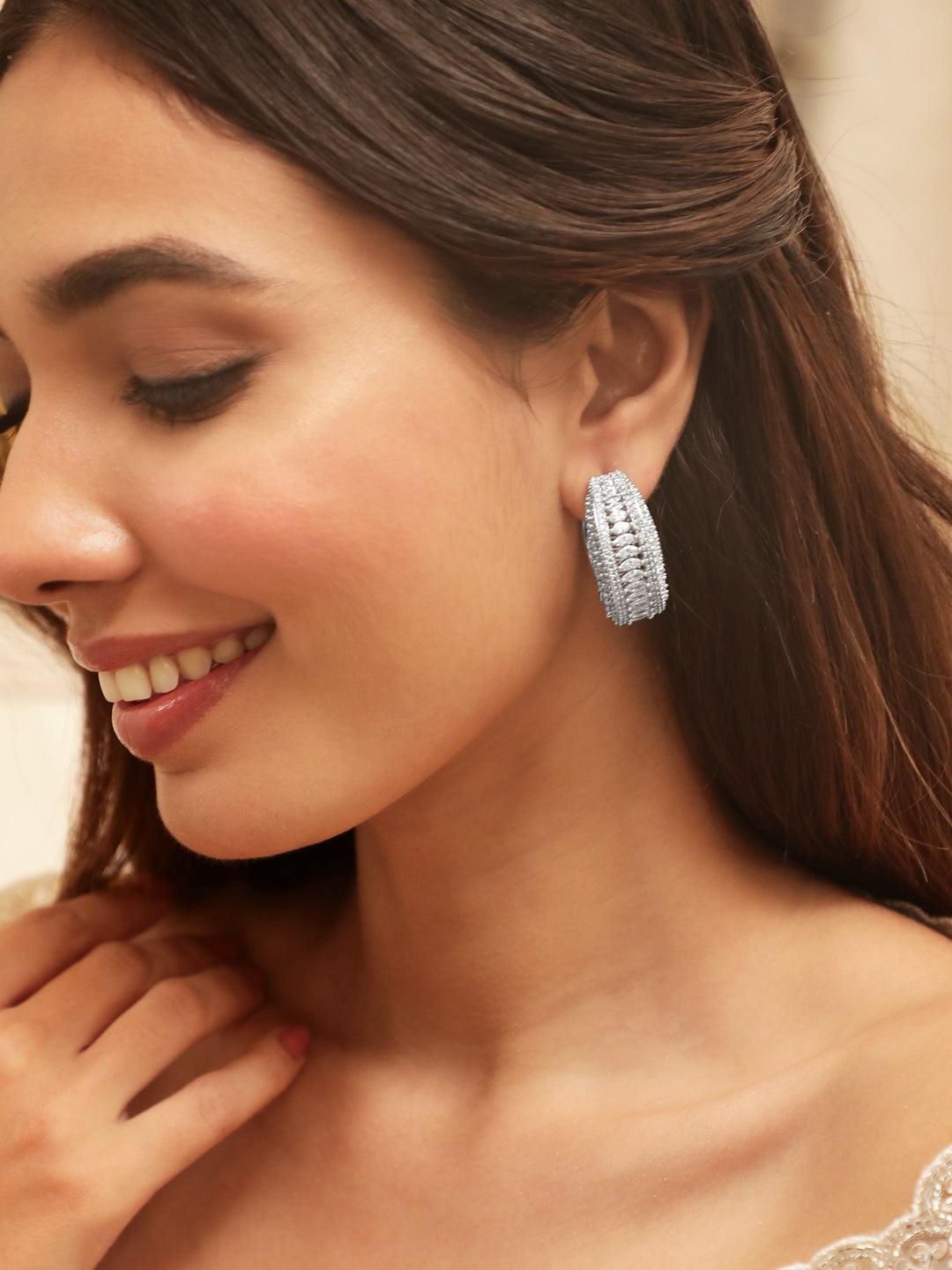 Rhodium - plated Marquise Crystal Zirconia Demi-Fine Lavish Hoop Earrings Earrings
