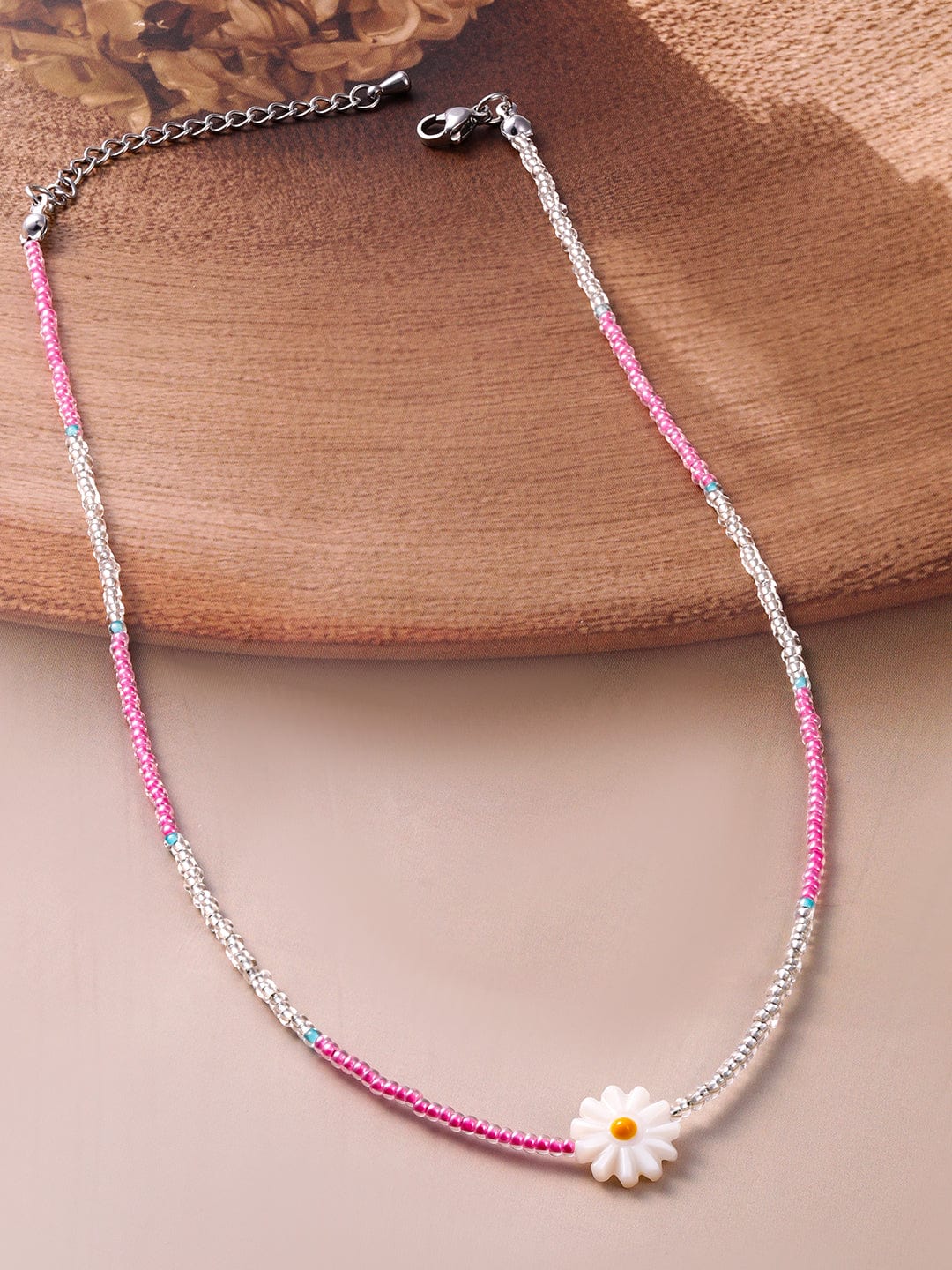 Rhodium Plated Multicolor Beaded Necklace with Daisy Flower Pendant Necklace and Chains