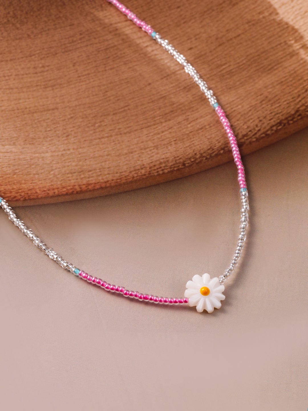 Rhodium Plated Multicolor Beaded Necklace with Daisy Flower Pendant Necklace and Chains