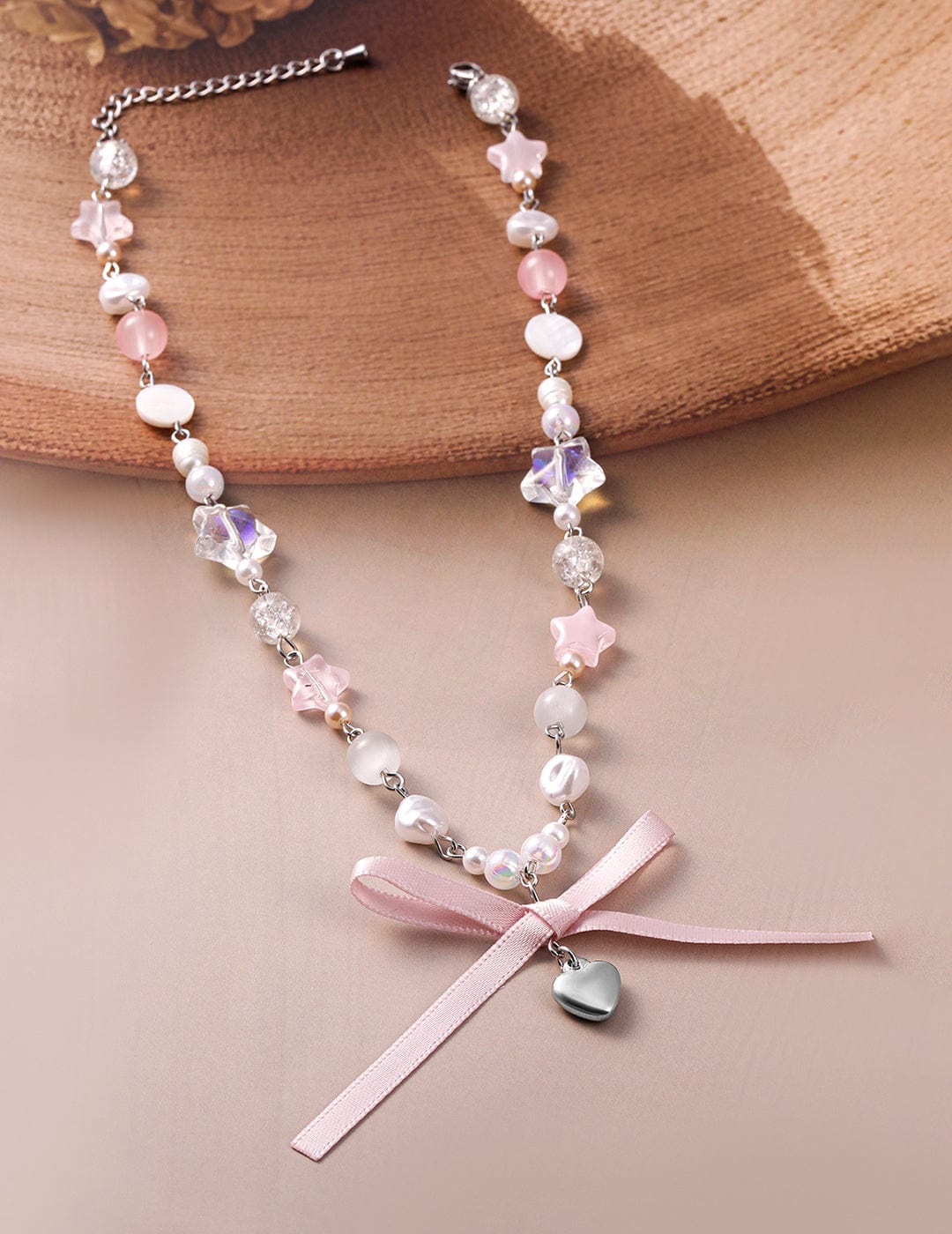 Rhodium Plated Multicolor Beaded Necklace with Heart Pendant and Pink Ribbon Bow Necklace and Chains