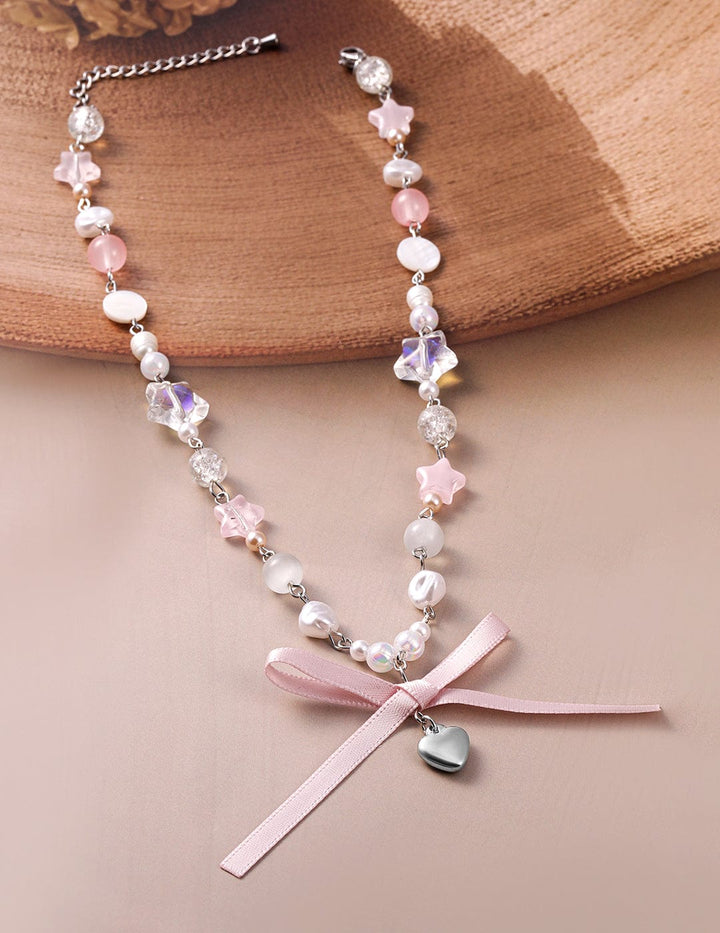 Rhodium Plated Multicolor Beaded Necklace with Heart Pendant and Pink Ribbon Bow Necklace and Chains