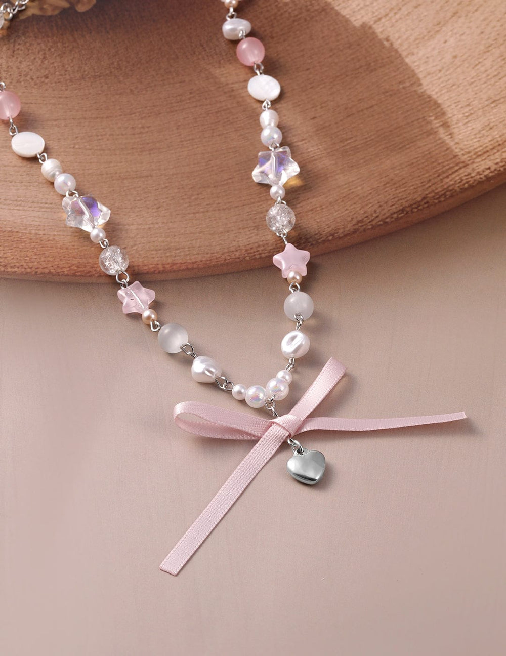 Rhodium Plated Multicolor Beaded Necklace with Heart Pendant and Pink Ribbon Bow Necklace and Chains