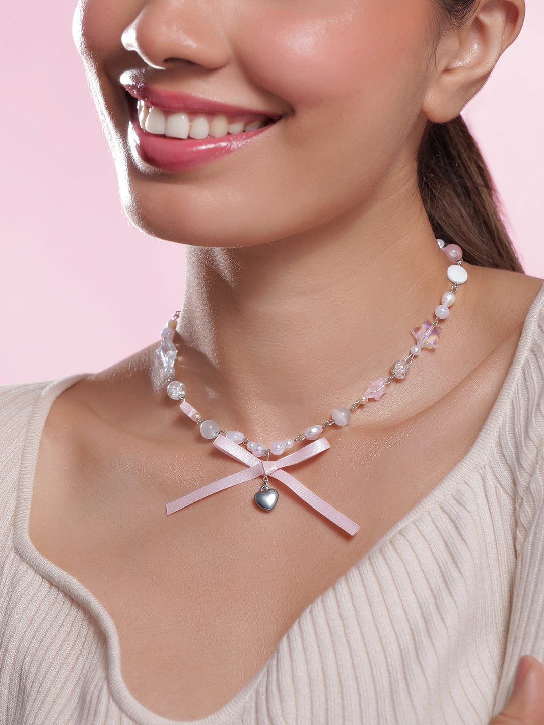 Rhodium Plated Multicolor Beaded Necklace with Heart Pendant and Pink Ribbon Bow Necklace and Chains