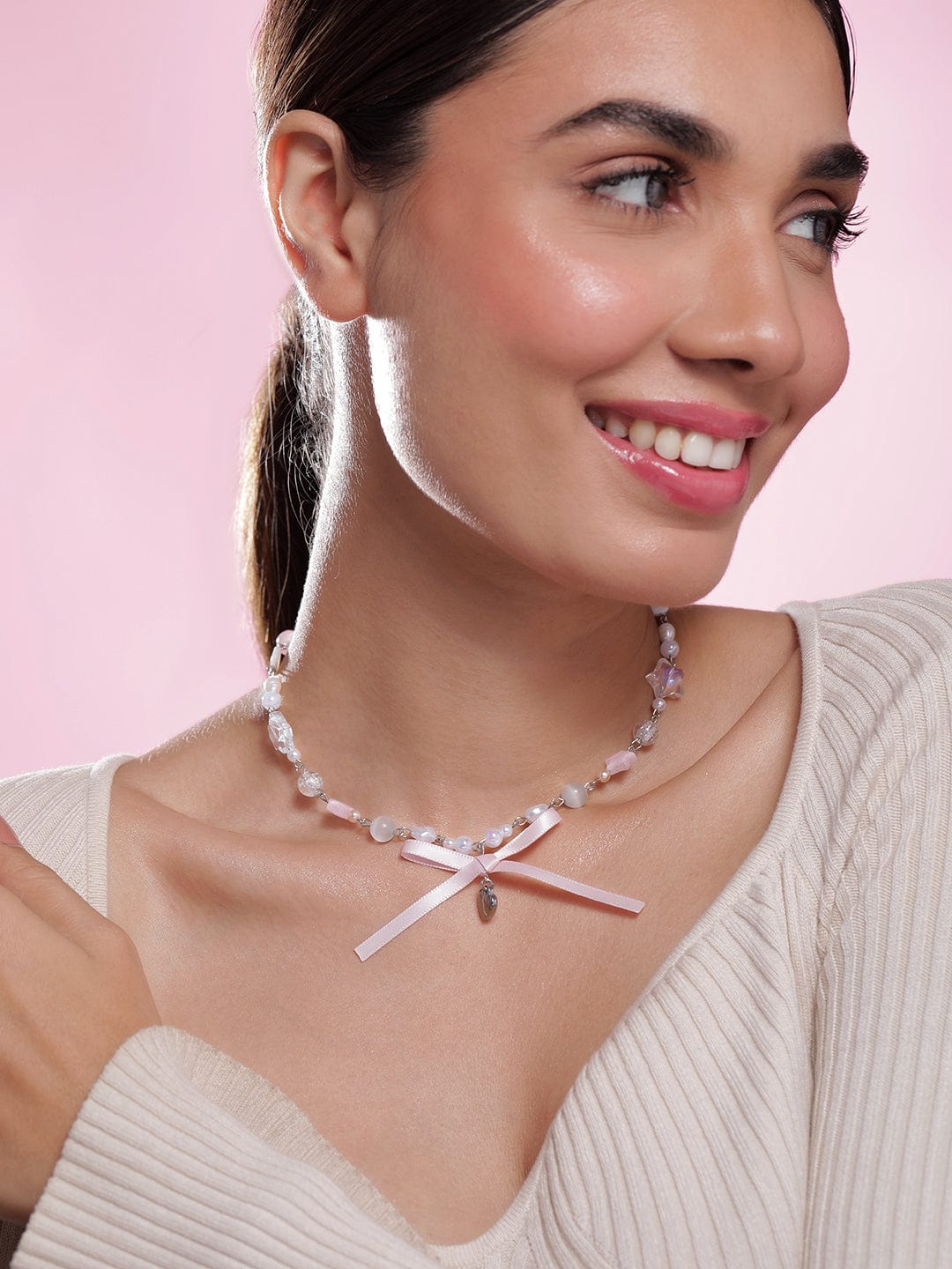 Rhodium Plated Multicolor Beaded Necklace with Heart Pendant and Pink Ribbon Bow Necklace and Chains