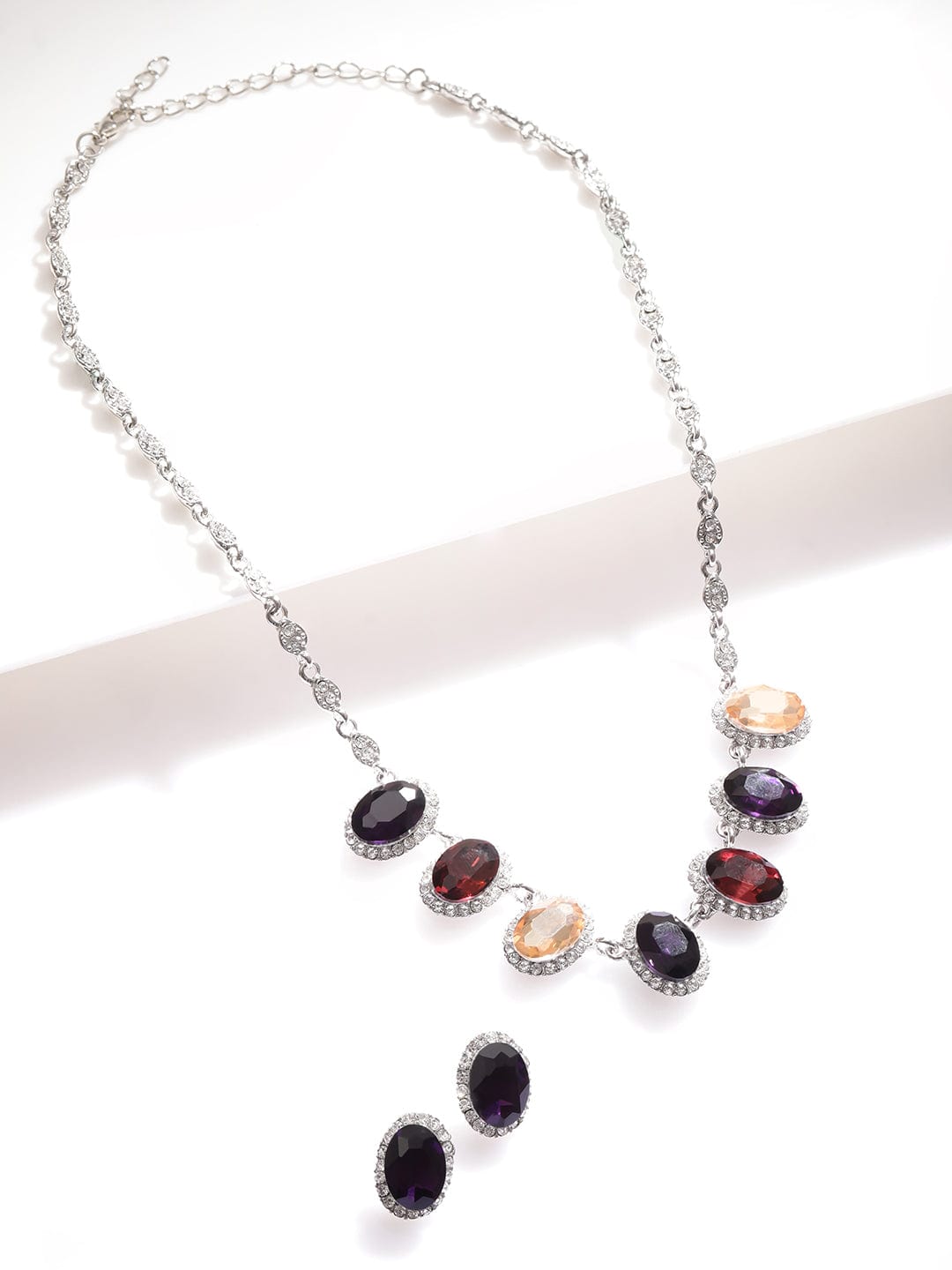 Rhodium-Plated Multihued Zirconia Embellished Flowerlet Necklace set Necklace Sets