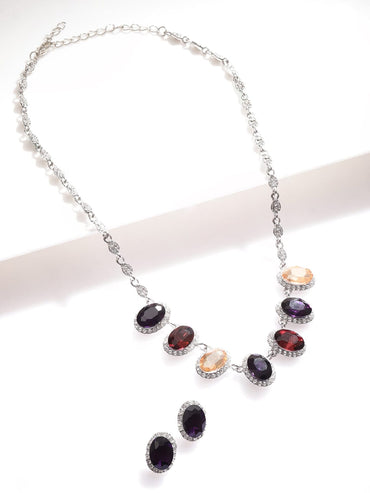 Rhodium-Plated Multihued Zirconia Embellished Flowerlet Necklace set Necklace Sets
