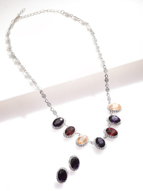 Rhodium-Plated Multihued Zirconia Embellished Flowerlet Necklace set Necklace Sets