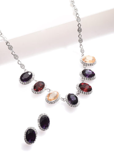 Rhodium-Plated Multihued Zirconia Embellished Flowerlet Necklace set Necklace Sets