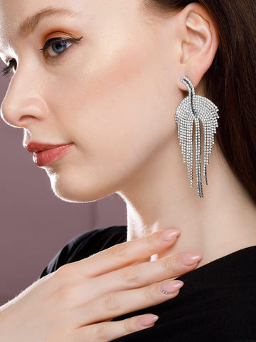 Rhodium Plated Multilayer Cubic Zirconia Studded Tassel Drop Earrings Earrings