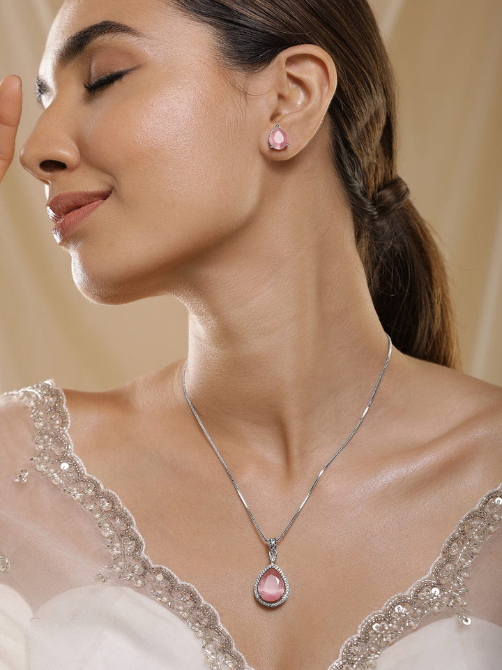 Rhodium-Plated Necklace Set with Pastel Pink Stone and CZ Accents Necklaces, Necklace Sets, Chains & Mangalsutra