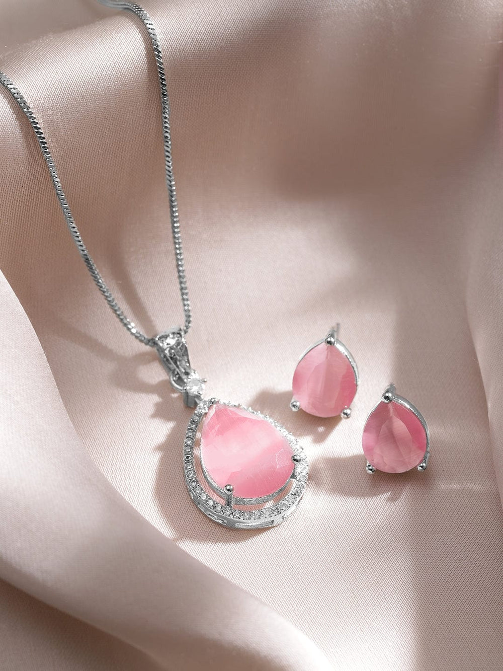 Rhodium-Plated Necklace Set with Pastel Pink Stone and CZ Accents Necklaces, Necklace Sets, Chains & Mangalsutra